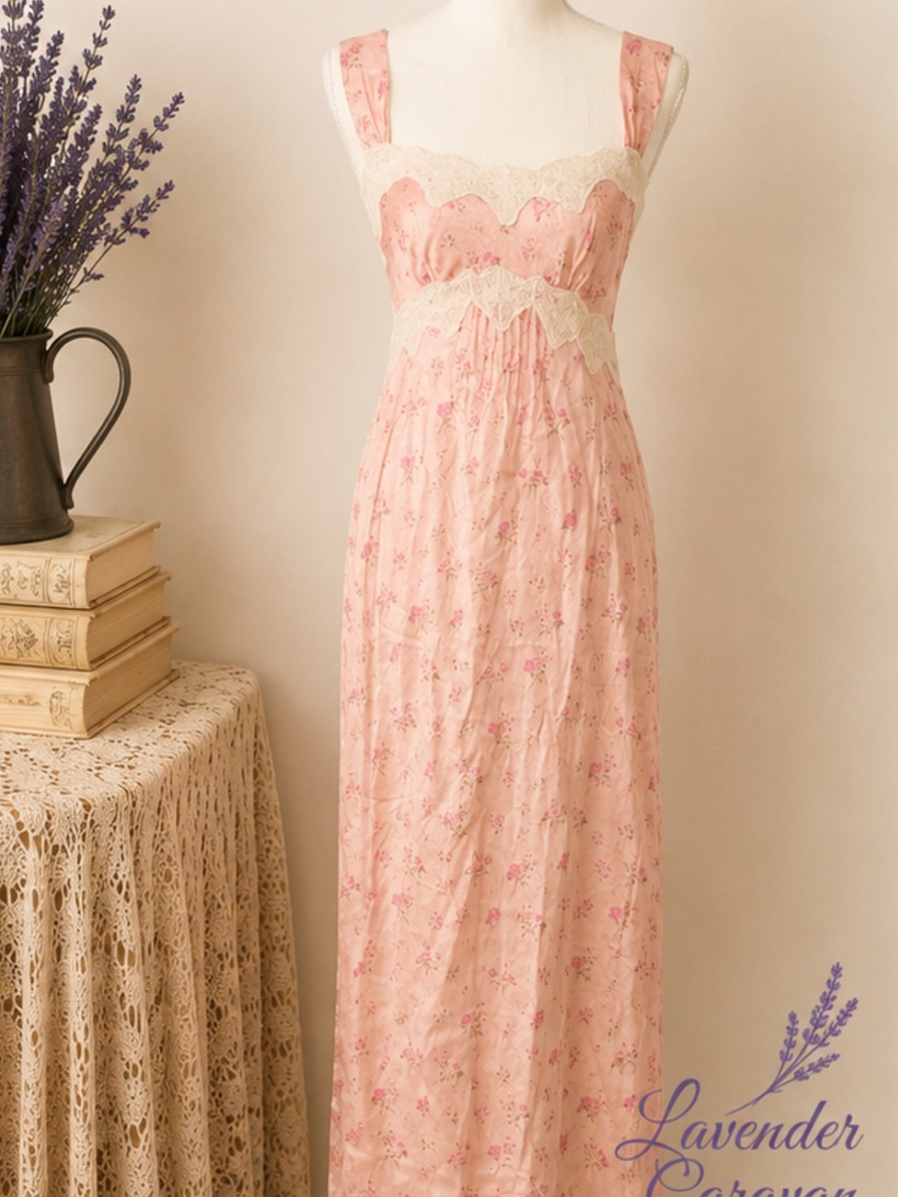 Spell NWOT Pink Floral Lace-Trim dress